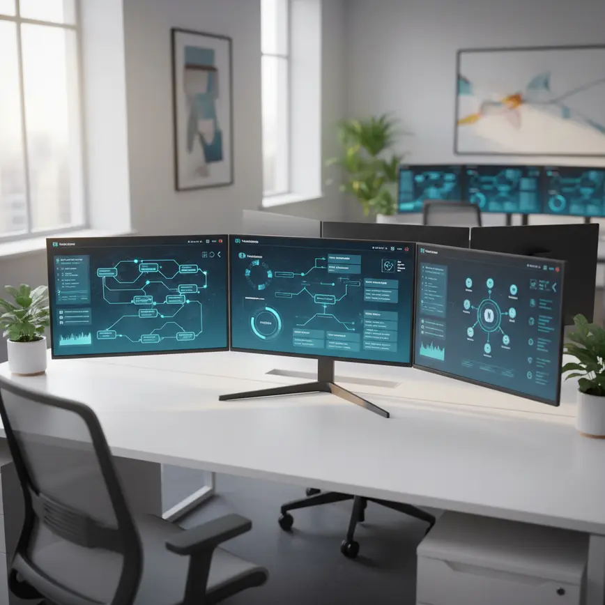 Enterprise workspace with monitors displaying AI automation dashboards and connected workflow applications