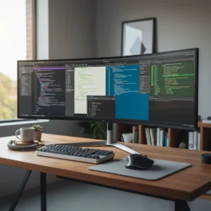 Four AI coding platform interfaces displayed on split screen monitor in developer workspace