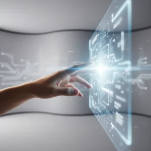 Human hand reaching toward glowing holographic AI interface representing human-artificial intelligence connection
