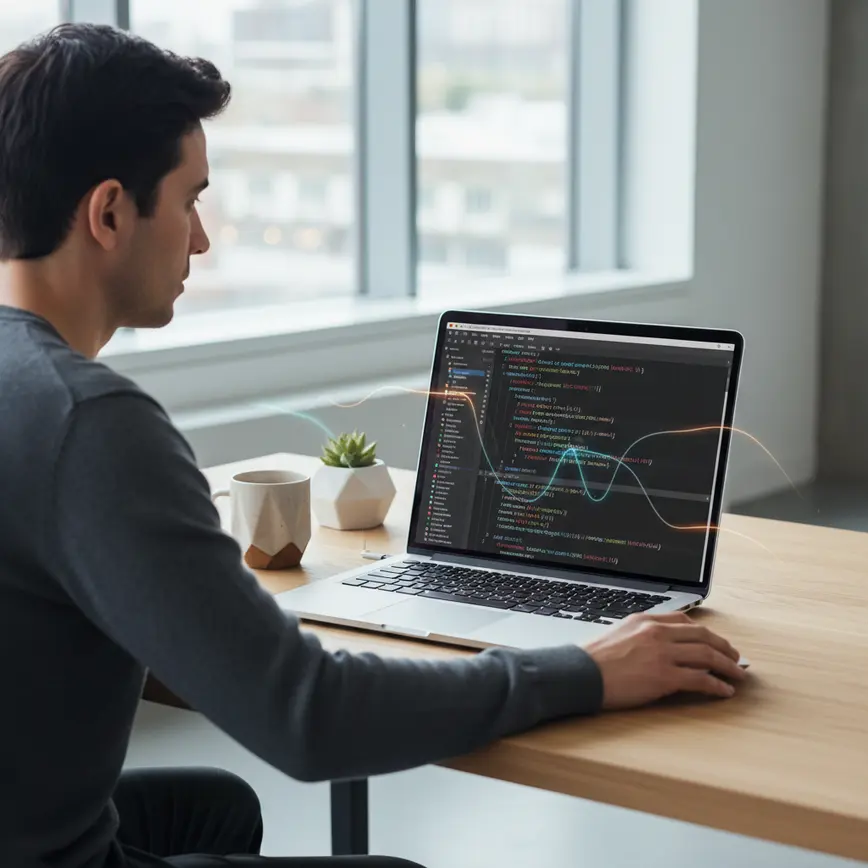 Professional developer at modern workspace using AI coding assistant on laptop with code editor