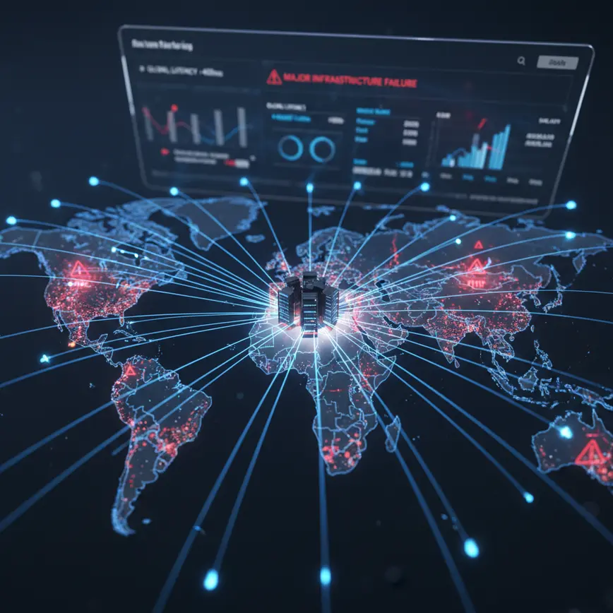 Network infrastructure map showing cloudflare outage impact with red disruption zones and blue connections