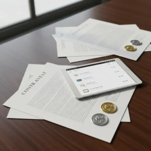 Ecommerce law concept with legal contract documents and tablet showing online shopping cart