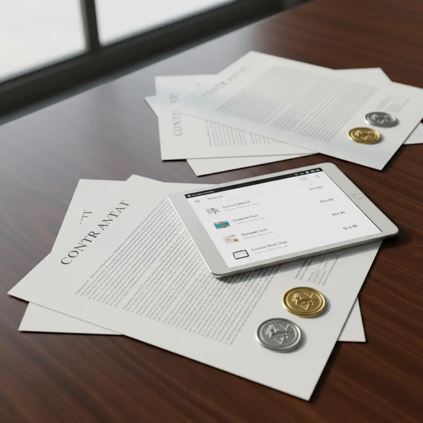 Ecommerce law concept with legal contract documents and tablet showing online shopping cart