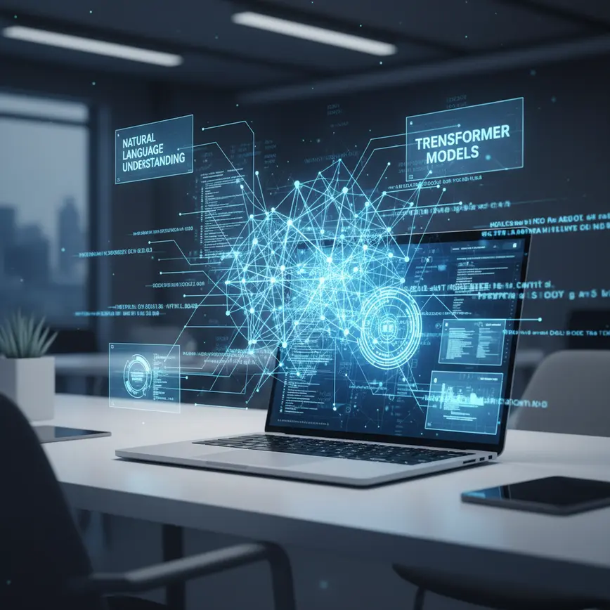 Digital workspace visualization of language model AI processing with neural network and text streams