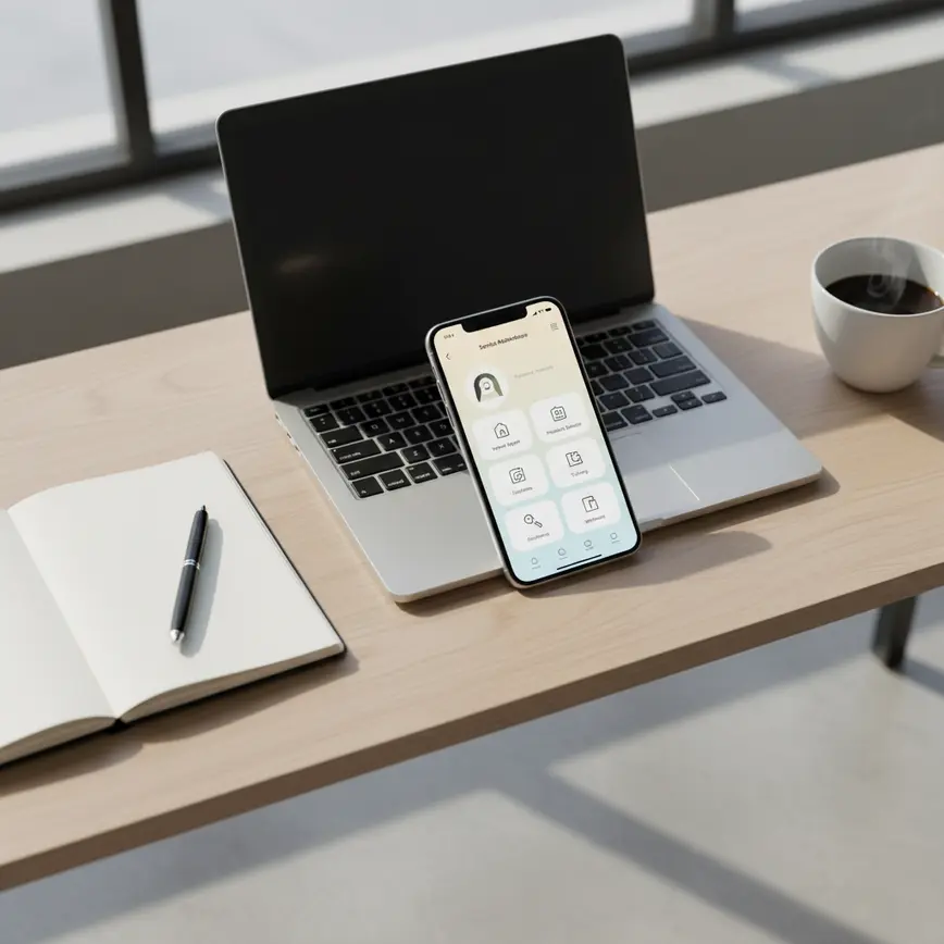 Professional workspace with smartphone displaying QURB Services marketplace app interface on modern desk