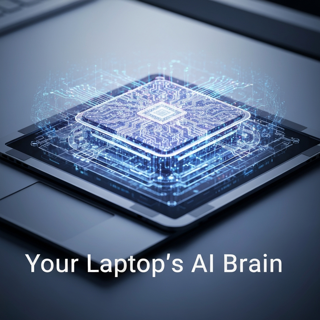 A futuristic laptop with a glowing, intricate neural processing unit (NPU) visible inside, symbolizing its role as the AI brain. The image illustrates 'What is an NPU? How Neural Processing Units Power Your AI Laptop'.