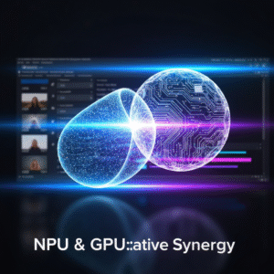 Abstract digital illustration showing glowing NPU and GPU components merging, symbolizing their synergy for enhanced photo and video editing in laptops. The image features the headline "NPU & GPU: Creative Synergy".