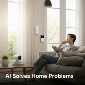 A serene, modern living room with a person relaxing, subtly showcasing integrated AI smart home gadgets that solve 5 common homeowner problems like security, energy waste, and chores.