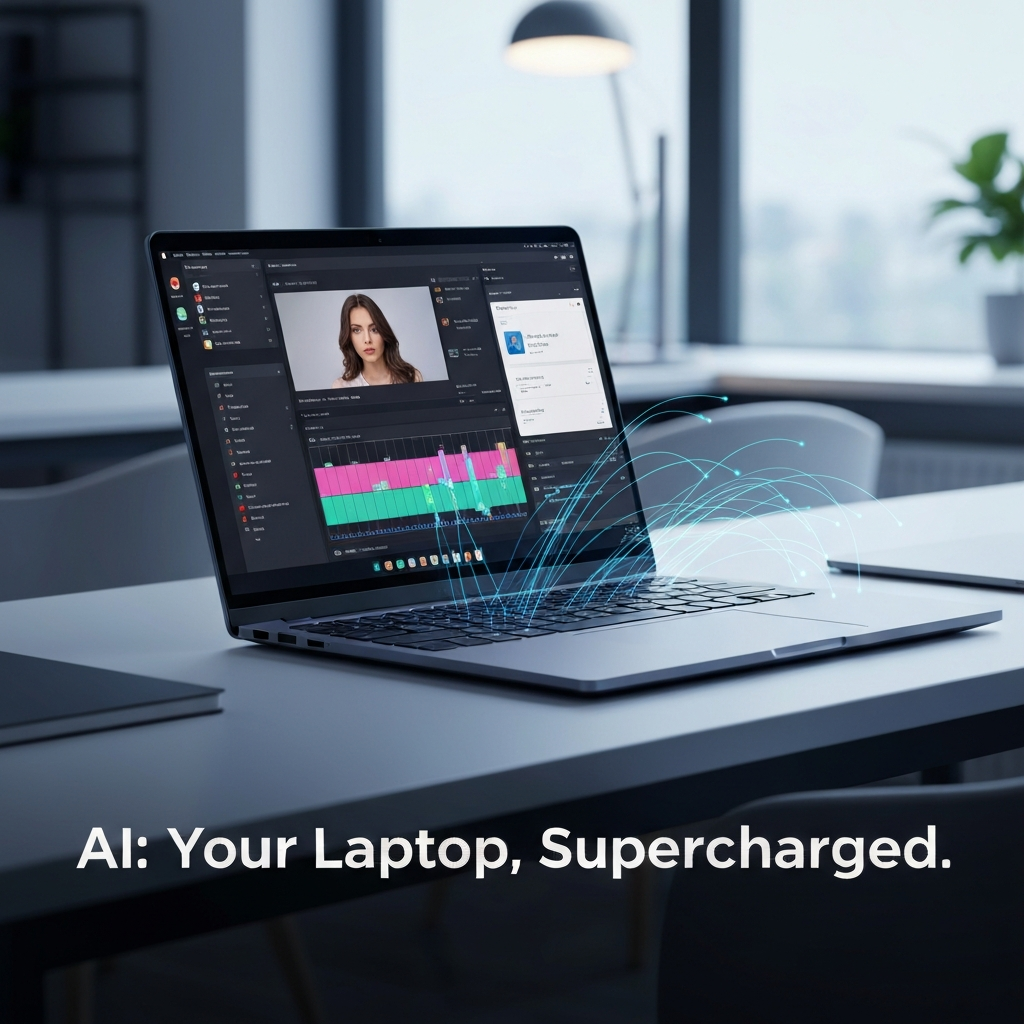 A sleek laptop on a modern desk, displaying a multi-application interface with subtle glowing lines symbolizing on-device AI processing. The image features the headline "AI: Your Laptop, Supercharged." and illustrates how Edge AI accelerates real-world workloads and everyday laptop tasks.