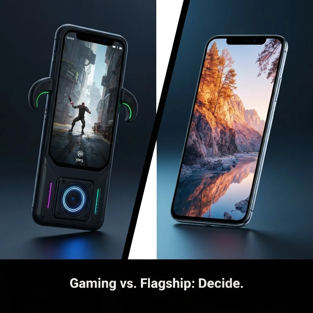 A split image comparing a futuristic gaming phone with visible shoulder triggers and an intense game on screen, against an elegant flagship phone displaying a high-quality photograph. The image highlights the core differences between gaming phones and flagship devices in 2025, helping users decide which to buy.