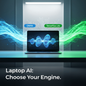 A modern ultrabook laptop with glowing blue and green data streams representing ONNX and TensorFlow Lite converging, symbolizing the choice between runtimes for AI performance on laptops in 2026.
