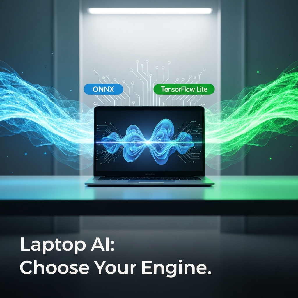 A modern ultrabook laptop with glowing blue and green data streams representing ONNX and TensorFlow Lite converging, symbolizing the choice between runtimes for AI performance on laptops in 2026.