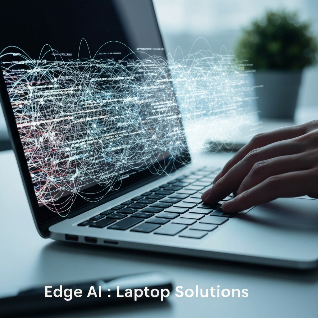 A close-up of a laptop screen displaying abstract, glowing Edge AI code and data, with hands on the keyboard, illustrating the process of solving 5 common Edge AI runtime problems on laptops.