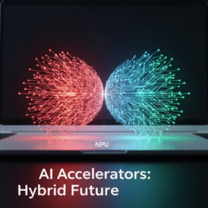 A futuristic digital art illustration showing two glowing abstract technological entities, one representing Tensor Cores with energetic red lines and the other representing NPUs with flowing blue circuits, converging in a dynamic balance. The image visually represents the article "Tensor Cores vs. NPUs: Which AI Accelerator Will Dominate Laptops in 2026?"