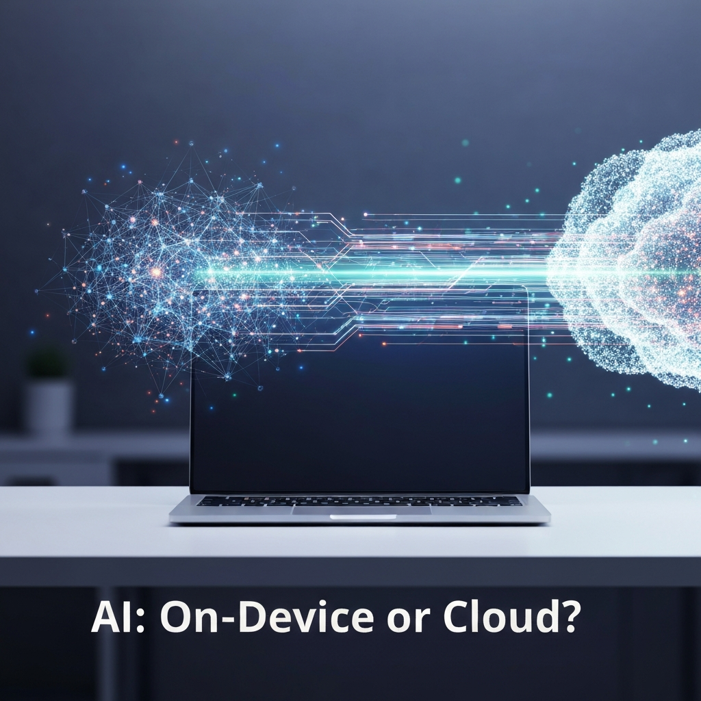 A modern laptop on a desk, visually representing the comparison between on-device AI (internal glowing neural patterns) and cloud AI (external data streams connecting to a distant cloud). The headline "AI: On-Device or Cloud?" is overlaid, illustrating the article "On-Device AI vs. Cloud AI: Which is Better for Your Next Laptop?".