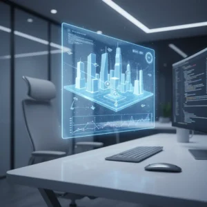 Holographic display showing AI world simulation with miniature city in modern tech workspace