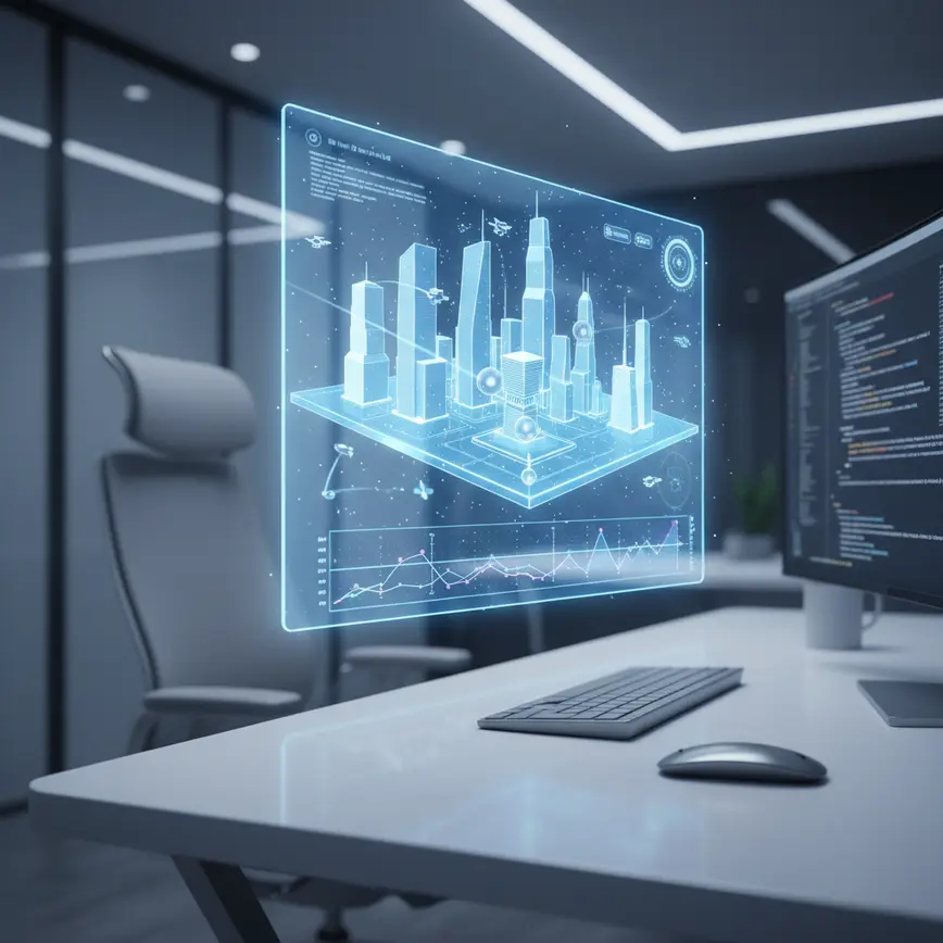 Holographic display showing AI world simulation with miniature city in modern tech workspace