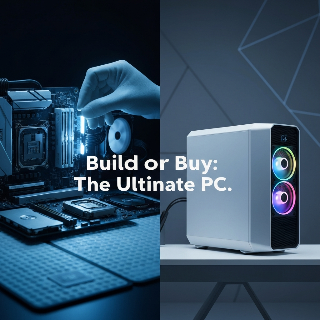 A split image comparing custom-built and prebuilt gaming PCs. One side shows individual high-end components being assembled by a gloved hand, while the other displays a sleek, finished prebuilt system, illustrating the choice between building your own and buying off-the-shelf, as discussed in "Custom vs. Prebuilt Gaming PC: The Definitive 2024 Guide."