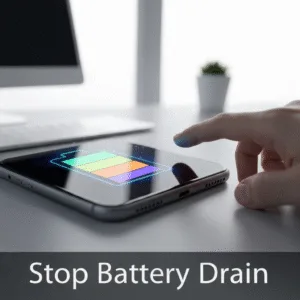 A close-up of a smartphone screen showing a full, glowing battery icon, held by a hand, with the headline 'Stop Battery Drain' overlaid. The image visually represents effective solutions for fixing a phone battery that's dying fast.