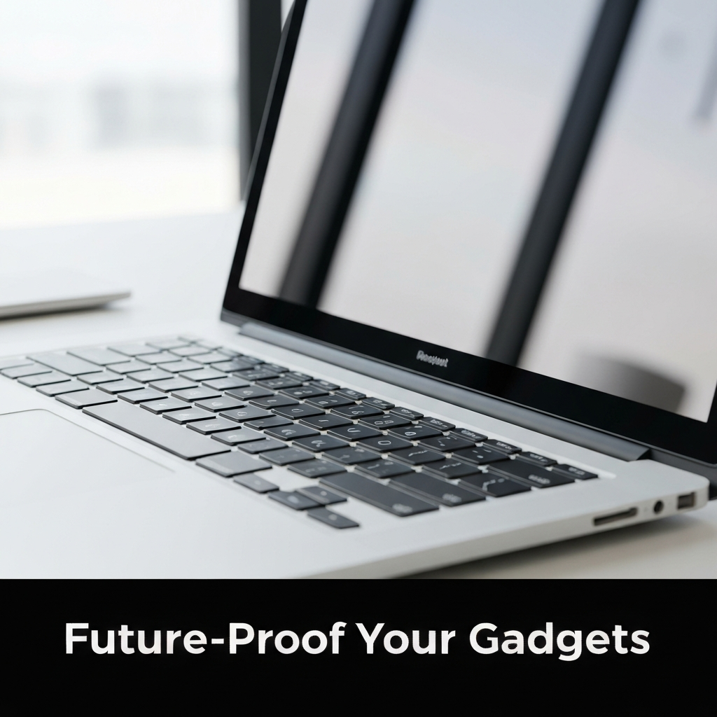 A pristine, modern laptop on a clean, minimalist desk, with the headline 'Future-Proof Your Gadgets' overlaid. The image visually represents essential device maintenance tips for extending the life of electronic gadgets.
