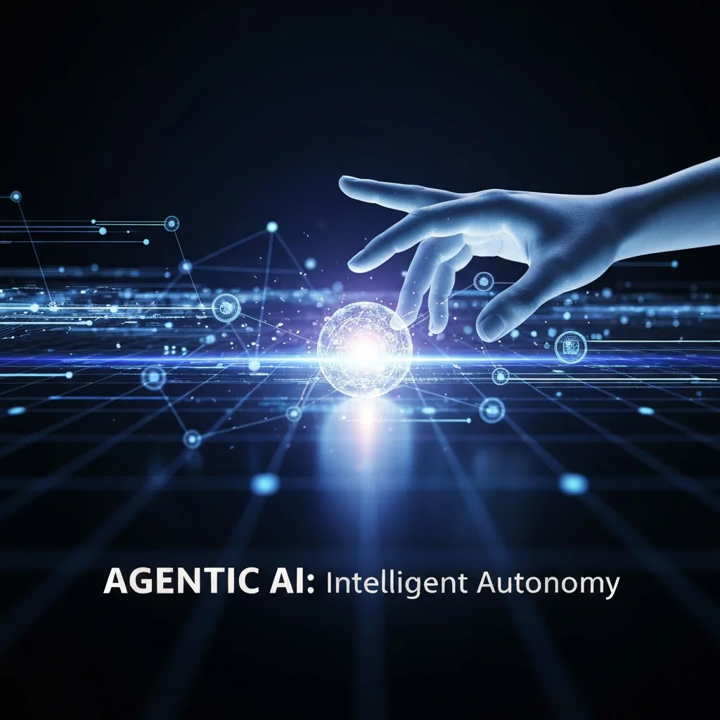 Abstract digital art showing interconnected glowing nodes and data streams, with a subtle human hand overseeing a central orb, representing Agentic AI and autonomous systems. The headline "Agentic AI: Intelligent Autonomy" is overlaid.