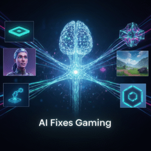 A futuristic digital art image showing a glowing AI neural network interacting with and enhancing elements of a video game world, representing how AI solves common gaming problems like repetitive NPCs, loading screens, and stale content. The headline "AI Fixes Gaming" is overlaid.