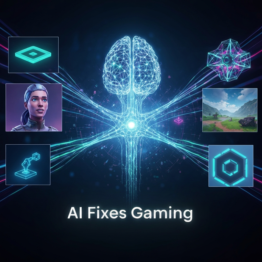 A futuristic digital art image showing a glowing AI neural network interacting with and enhancing elements of a video game world, representing how AI solves common gaming problems like repetitive NPCs, loading screens, and stale content. The headline "AI Fixes Gaming" is overlaid.