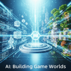 A futuristic image depicting an abstract AI core constructing a vibrant 3D game world with digital blueprints and rendered assets, illustrating 'What is AI in Game Development? A Complete Guide'.