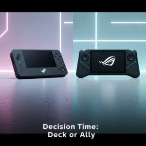 A modern product photograph showing a Steam Deck OLED on the left and an Asus ROG Ally on the right, against a tech-inspired background, with the headline "Decision Time: Deck or Ally". This image visually represents the comparison in "Steam Deck OLED vs. Asus ROG Ally: The Ultimate Decision Guide".