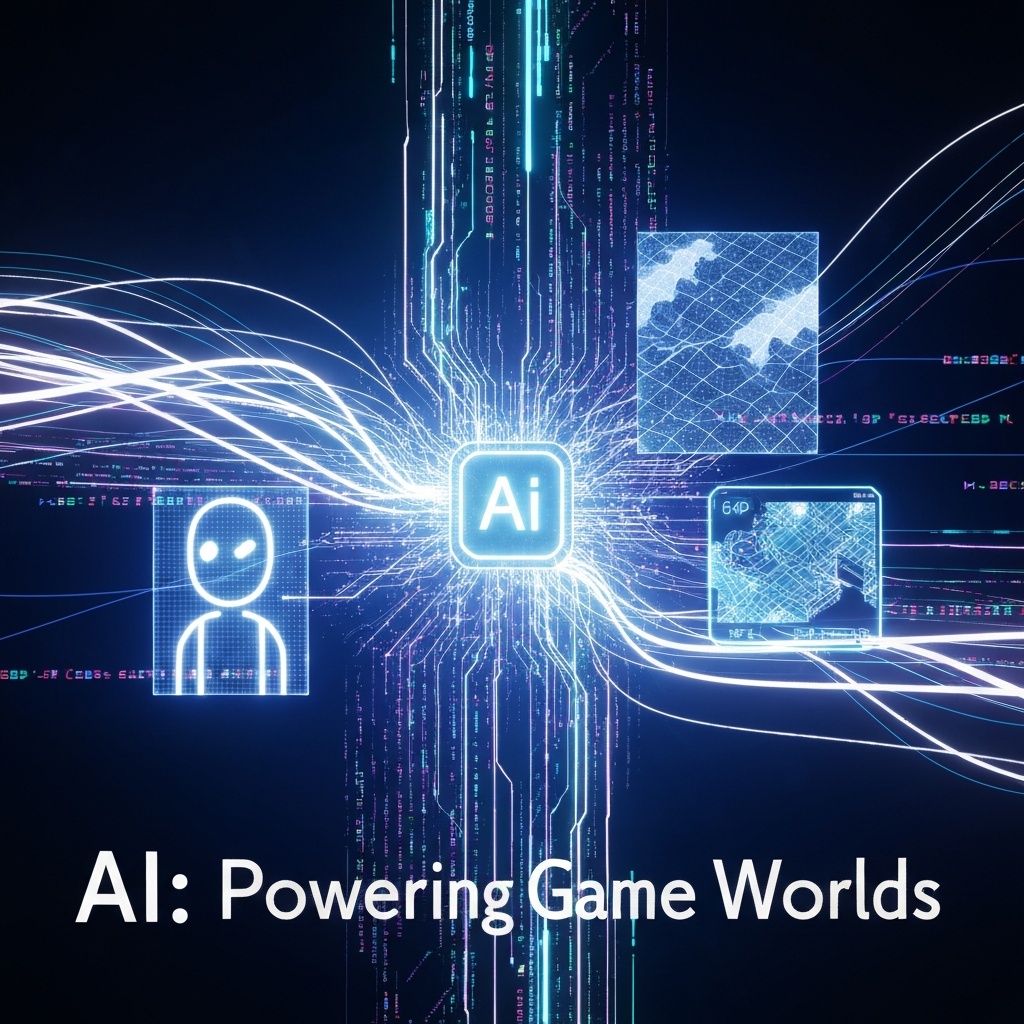 Digital art illustration showing glowing code and data streams forming game elements like an NPC and a procedurally generated landscape, symbolizing AI's role in gaming, procedural content generation (PCG), and development tools.