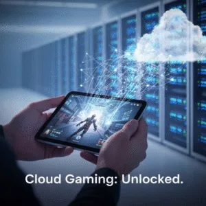 A person playing a high-fidelity video game on a tablet, with glowing digital streams connecting to a blurred, futuristic cloud server infrastructure, illustrating 'How Does Cloud Gaming Work? The Ultimate Beginner's Guide'.