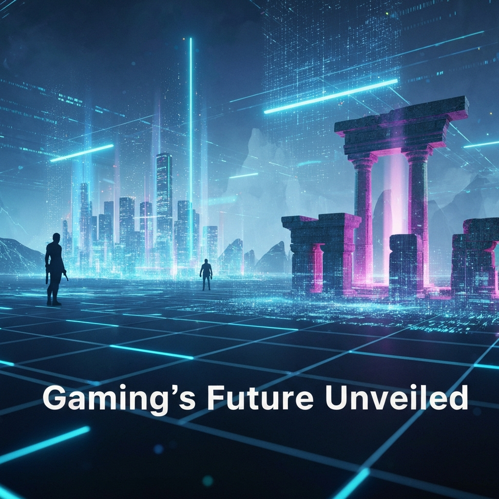 A futuristic digital art illustration featuring glowing holographic game world elements, representing the most anticipated games of 2025, with the headline "Gaming's Future Unveiled". The image captures the essence of technological innovation and deep anticipation discussed in "2025's Most Anticipated Games: A Deep Dive Beyond the Hype".