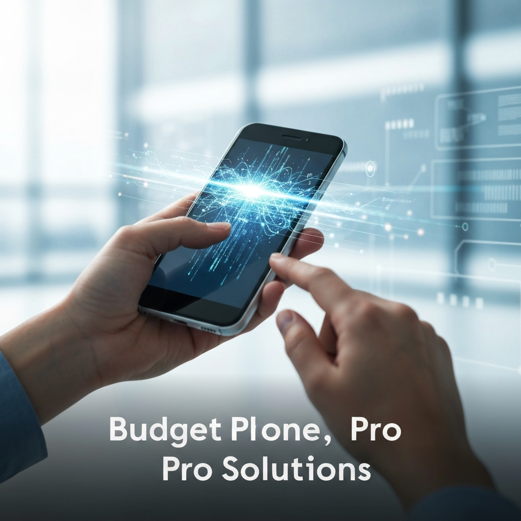 Hands interacting with a budget smartphone displaying glowing digital lines, symbolizing solutions for common problems like performance, storage, camera, and security, as discussed in "5 Common Budget Smartphone Problems (and How to Solve Them)".