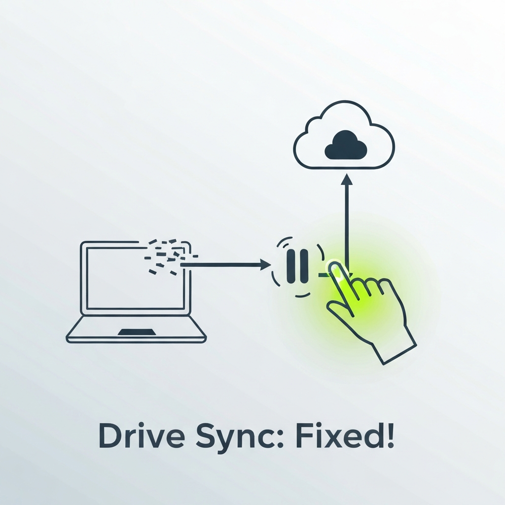 Digital illustration showing a resolved Google Drive sync issue, with data flowing smoothly between a computer and cloud storage after an error symbol is cleared, illustrating fixes for Google Drive not syncing problems.