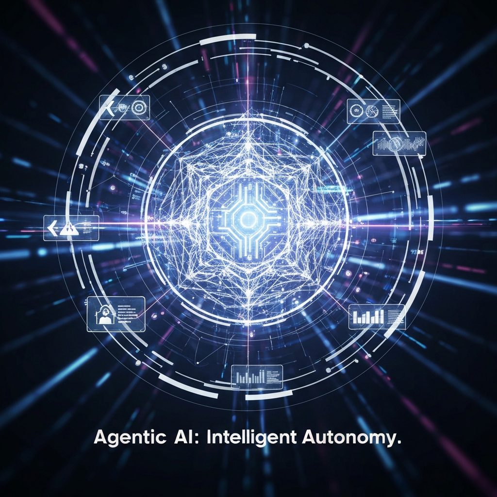 Digital art showing a glowing, abstract AI core orchestrating complex tasks with holographic data streams, representing Agentic AI's intelligent autonomy and proactive capabilities, as explained in "What is Agentic AI: A Simple Guide to the Next Wave of Artificial Intelligence".