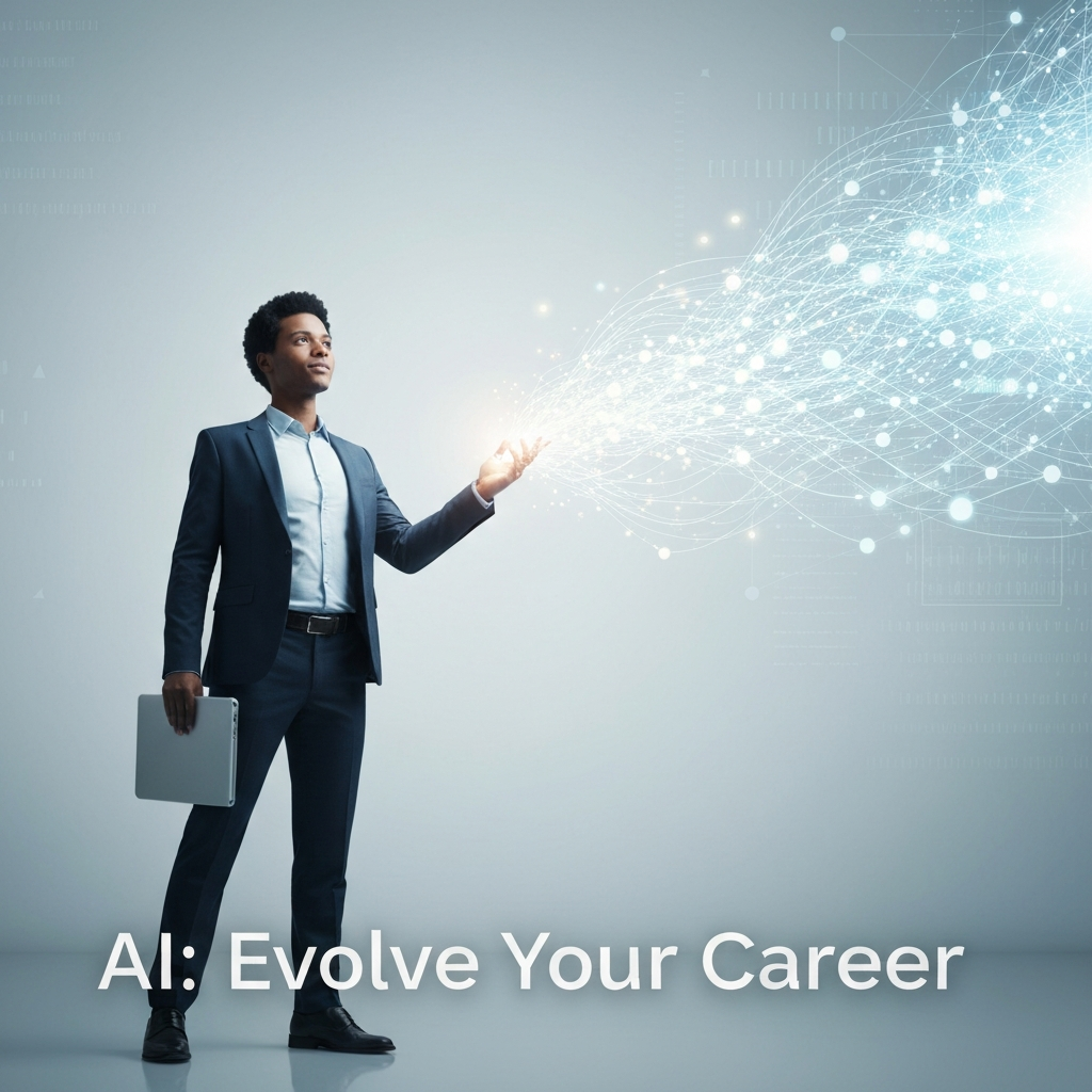 A professional interacting with abstract AI elements, symbolizing career evolution and new opportunities in the context of AI's impact on jobs in 2024, with the headline 'AI: Evolve Your Career'.