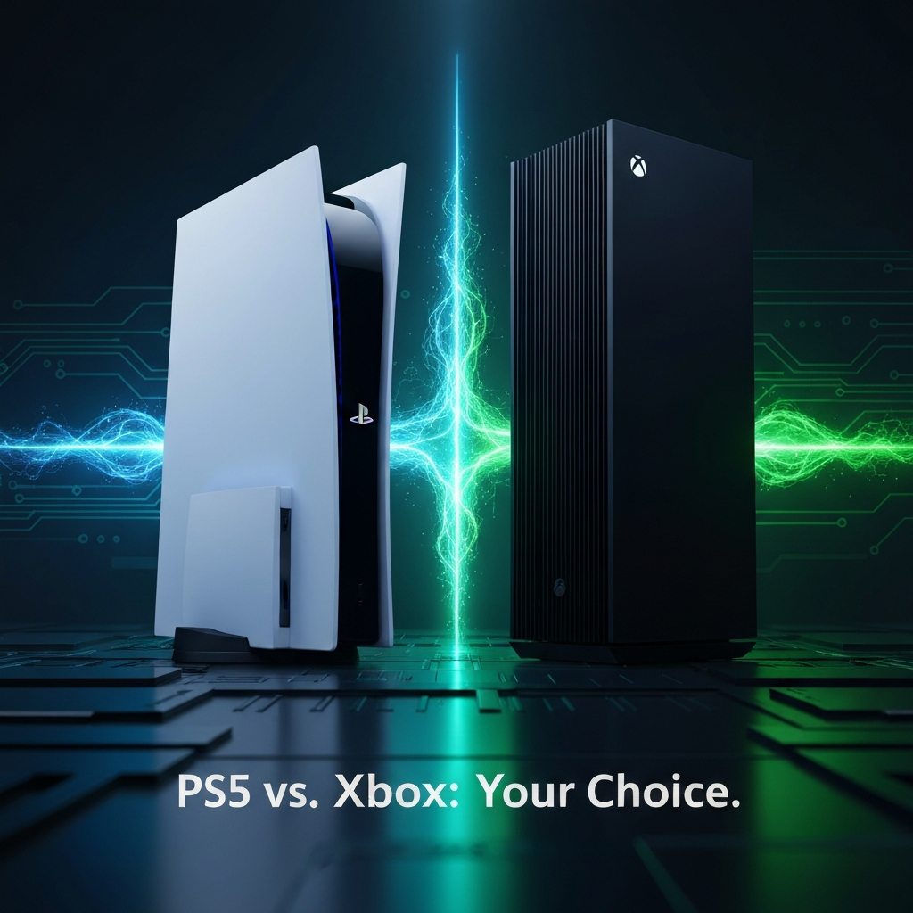 A futuristic visual comparing the PlayStation 5 and Xbox Series X consoles, divided by a glowing digital line, with the headline "PS5 vs. Xbox: Your Choice." This image represents the ultimate exclusive games showdown in 2025.