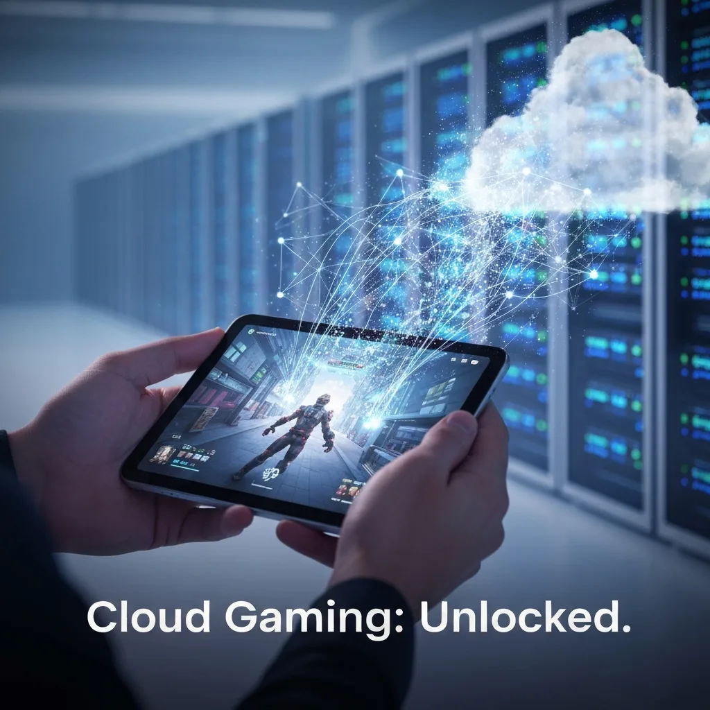 A person playing a high-fidelity video game on a tablet, with glowing digital streams connecting to a blurred, futuristic cloud server infrastructure, illustrating 'How Does Cloud Gaming Work? The Ultimate Beginner's Guide'.