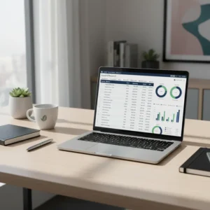 Professional workspace showing laptop with keyword research spreadsheet displaying search volumes and difficulty scores