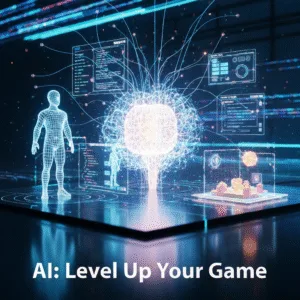 A futuristic digital art illustration showing an abstract glowing AI core shaping holographic game development elements like 3D models, code, and environments, with the headline "AI: Level Up Your Game". The image represents how AI is revolutionizing game development and the tools used.