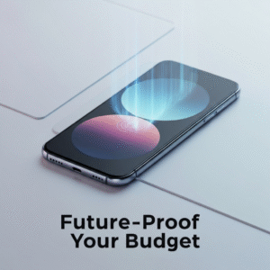 A sleek, modern budget smartphone with a subtle ethereal glow, representing future-proof value and longevity, set against a clean, tech-inspired background. The image illustrates the guide to the best budget phones of 2025.